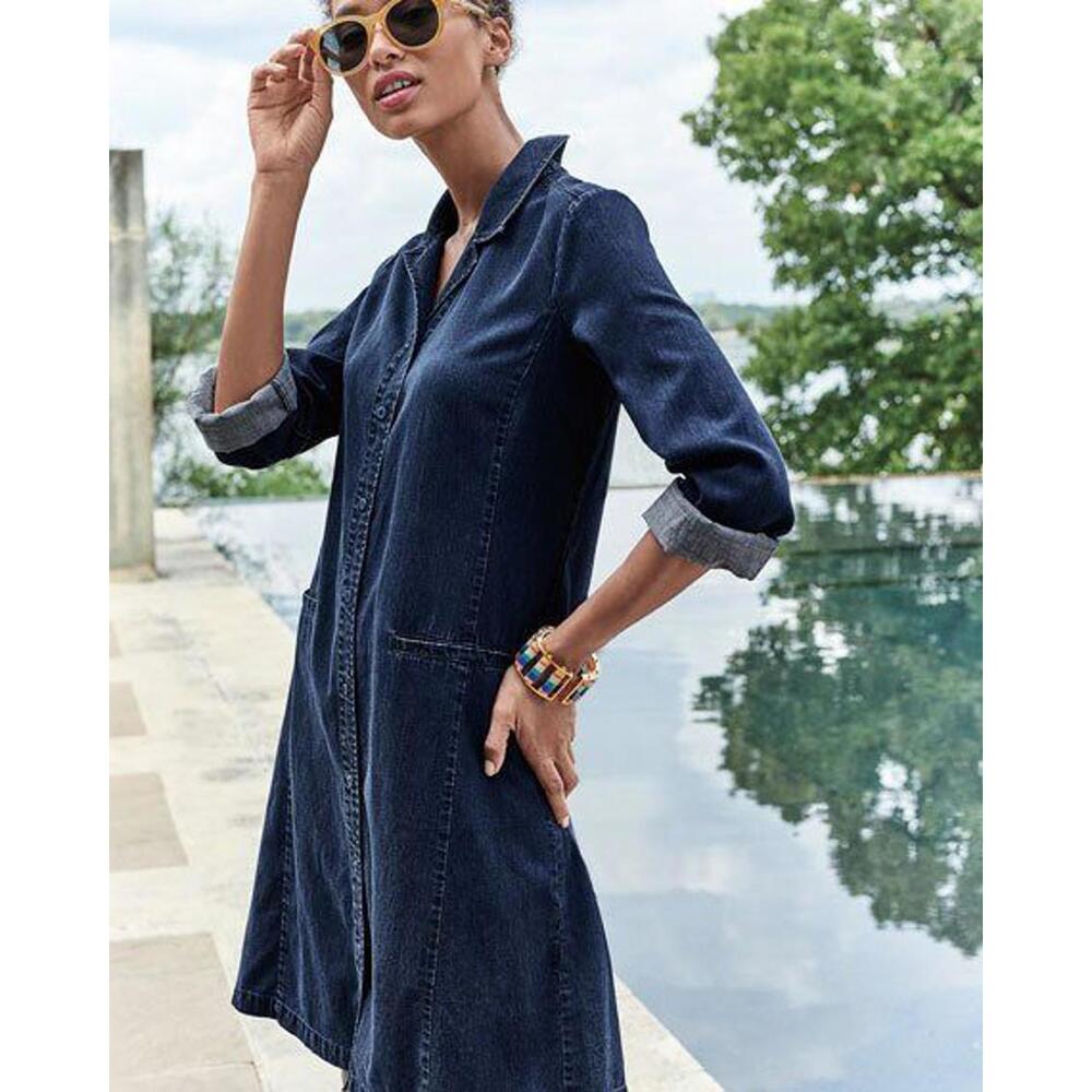 Eileen Fisher Dark Wash Chambray Denim Button Up Mini Shirt Dress- Size Medium - Picture 2 of 9